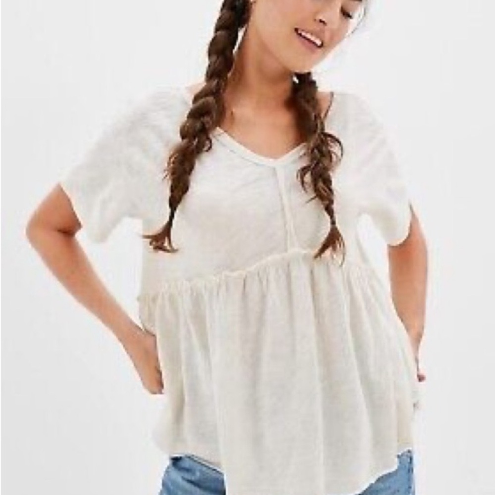 American Eagle Small S Cream Babydoll Ruffle Hem V-neck Shirt Boho Oversized